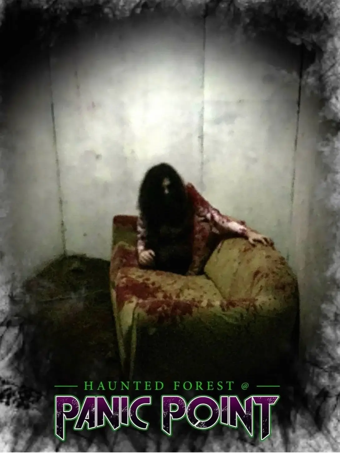 Panic Point promotional image of a long-haired figure crouched on a bloodied armchair
