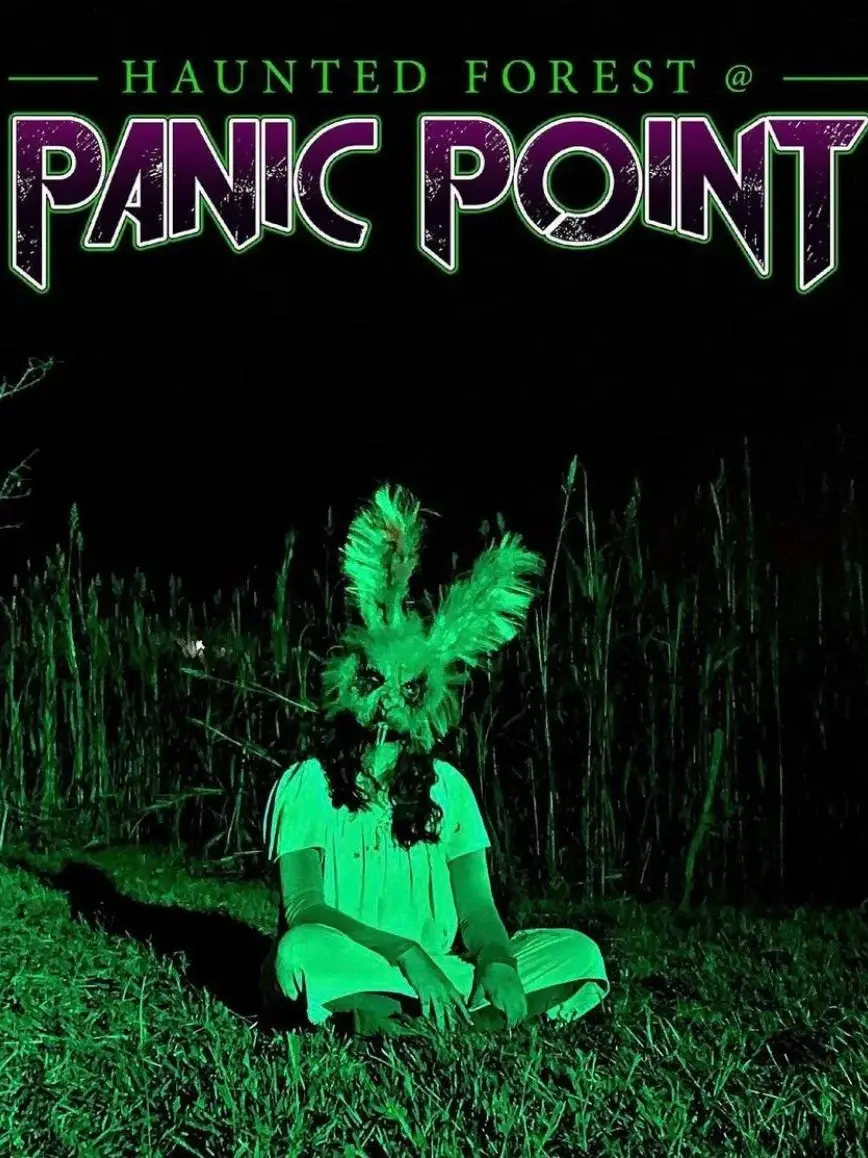 Panic Point promotional image of a masked figure sitting in a field under green light